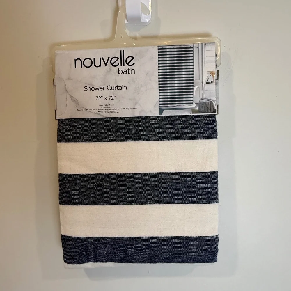 Nouvelle Bath Shower Curtain 72x72 Inch Navy White Stripe Cotton Fabric